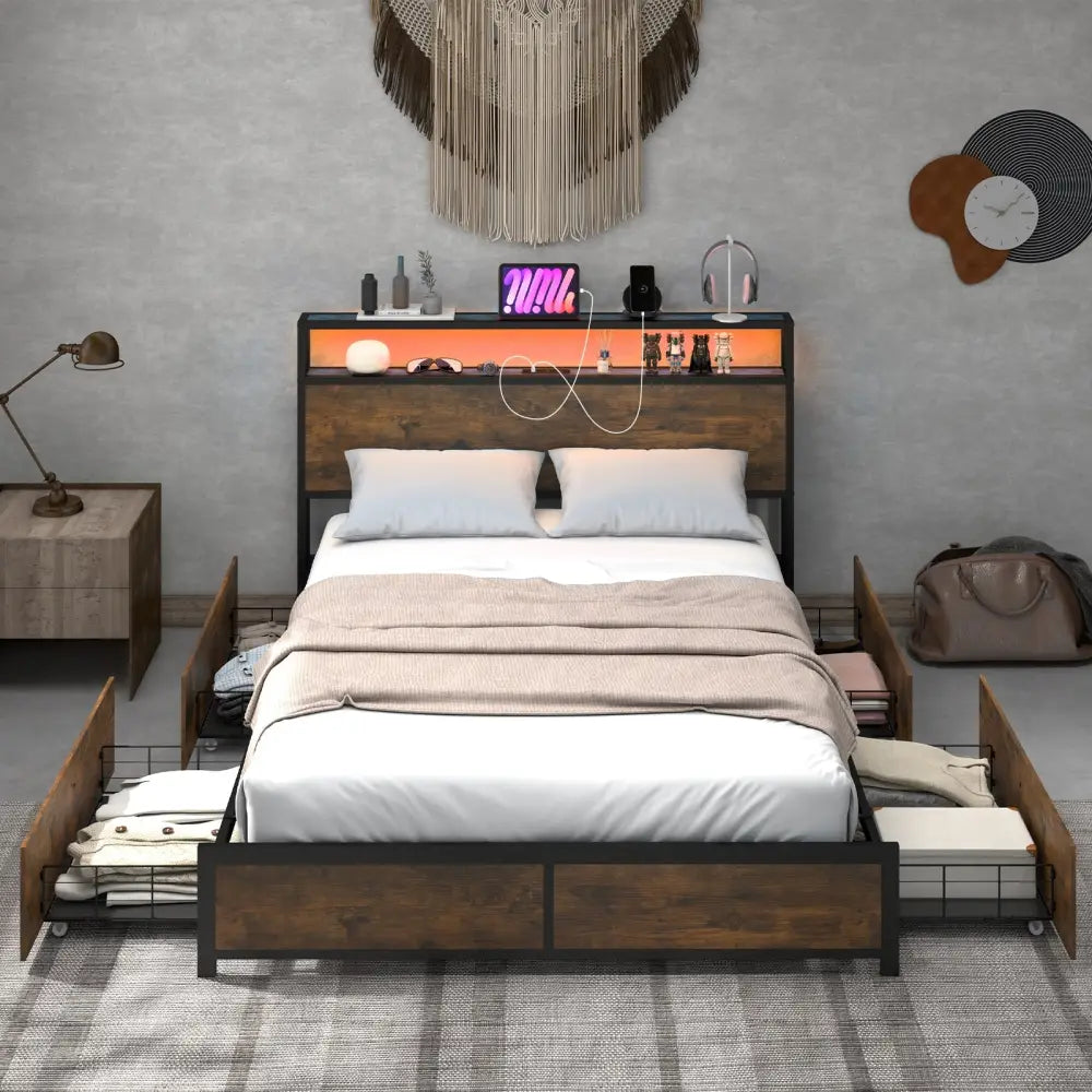 Full/Queen Size Bed Frame with Smart LED Lights and Storage Drawers-Full Size - Rustic Brown - Simple Bed Frame