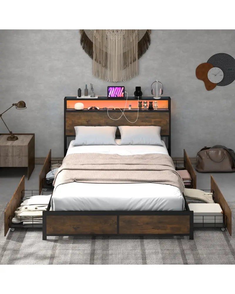 Full/Queen Size Bed Frame with Smart LED Lights and Storage Drawers-Full Size - Rustic Brown - Simple Bed Frame