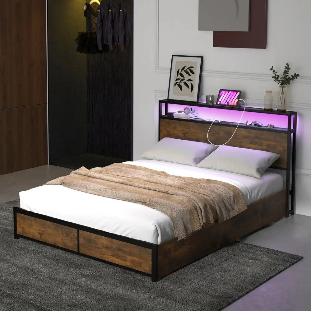 Full/Queen Size Bed Frame with Smart LED Lights and Storage Drawers-Full Size - Rustic Brown - Simple Bed Frame