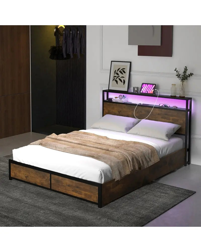 Full/Queen Size Bed Frame with Smart LED Lights and Storage Drawers-Full Size - Rustic Brown - Simple Bed Frame