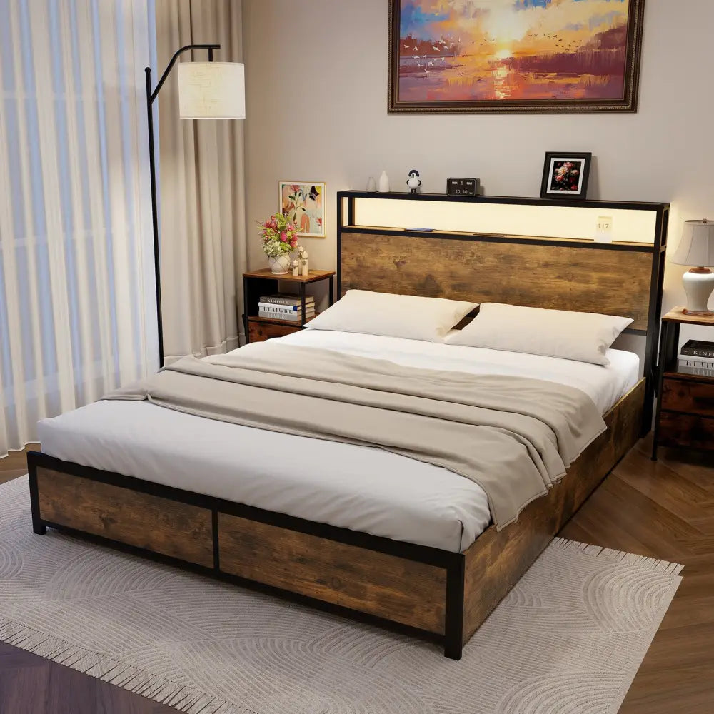 Full/Queen Size Bed Frame with Smart LED Lights and Storage Drawers-Queen Size - Rustic Brown - Simple Bed Frame