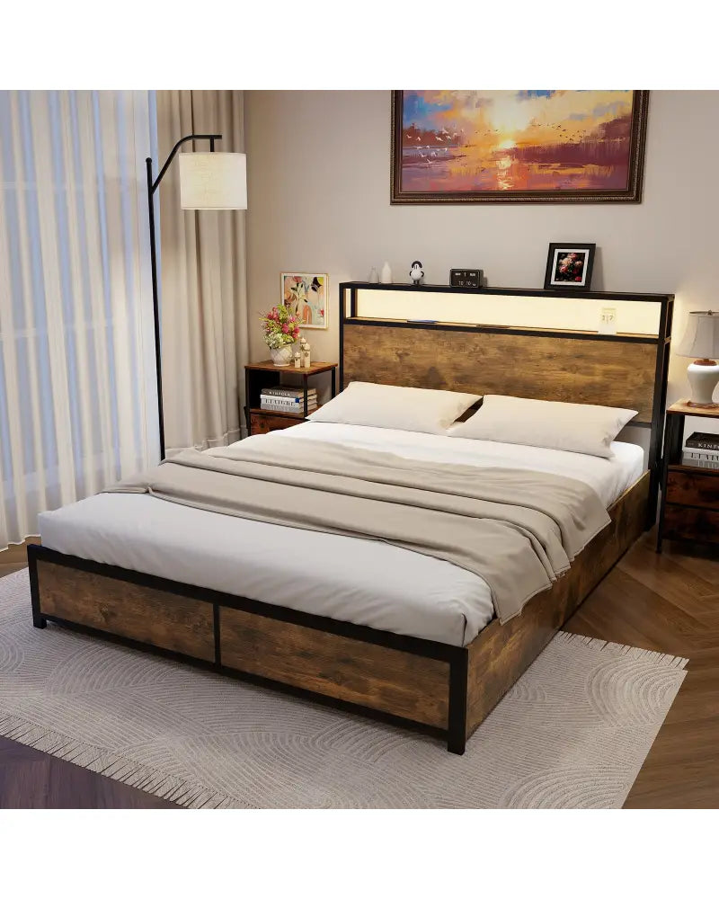 Full/Queen Size Bed Frame with Smart LED Lights and Storage Drawers-Queen Size - Rustic Brown - Simple Bed Frame
