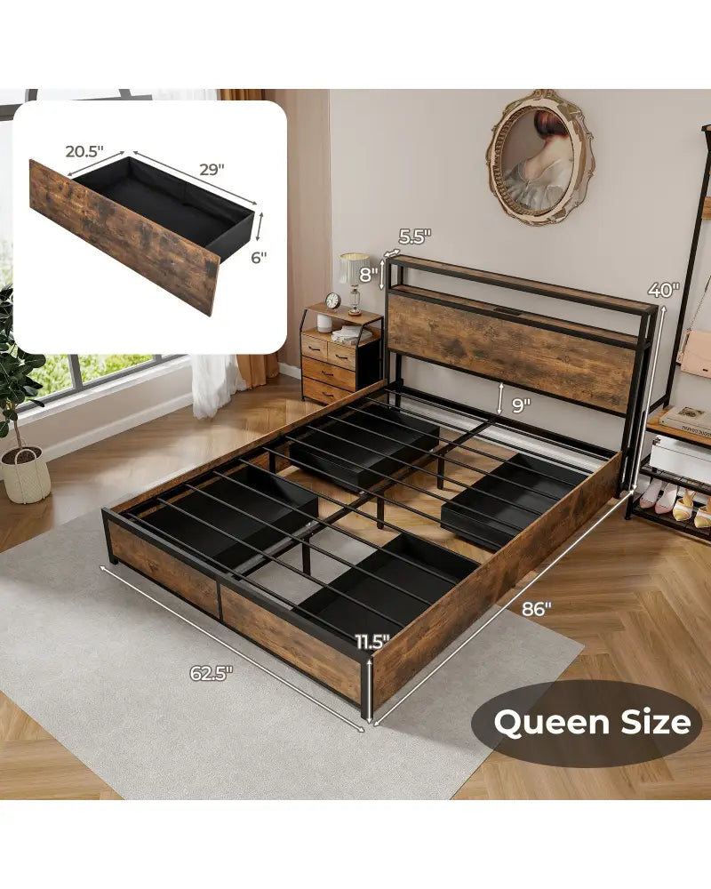 Full/Queen Size Bed Frame with Smart LED Lights and Storage Drawers-Queen Size - Rustic Brown - Simple Bed Frame