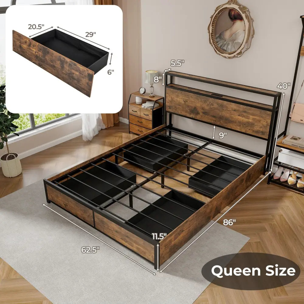 Full/Queen Size Bed Frame with Smart LED Lights and Storage Drawers-Queen Size - Rustic Brown - Simple Bed Frame
