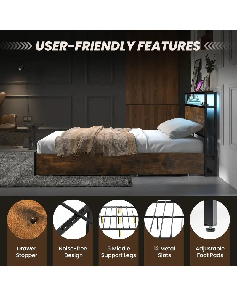 Full/Queen Size Bed Frame with Smart LED Lights and Storage Drawers-Full Size - Rustic Brown - Simple Bed Frame
