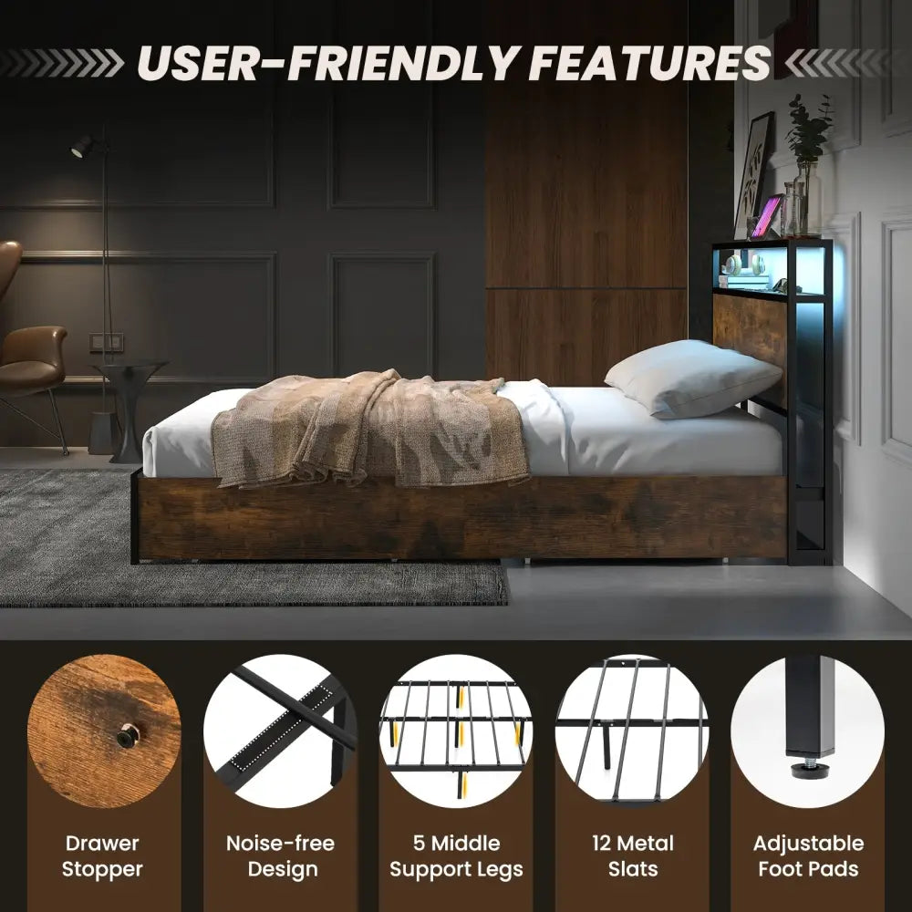 Full/Queen Size Bed Frame with Smart LED Lights and Storage Drawers-Full Size - Rustic Brown - Simple Bed Frame