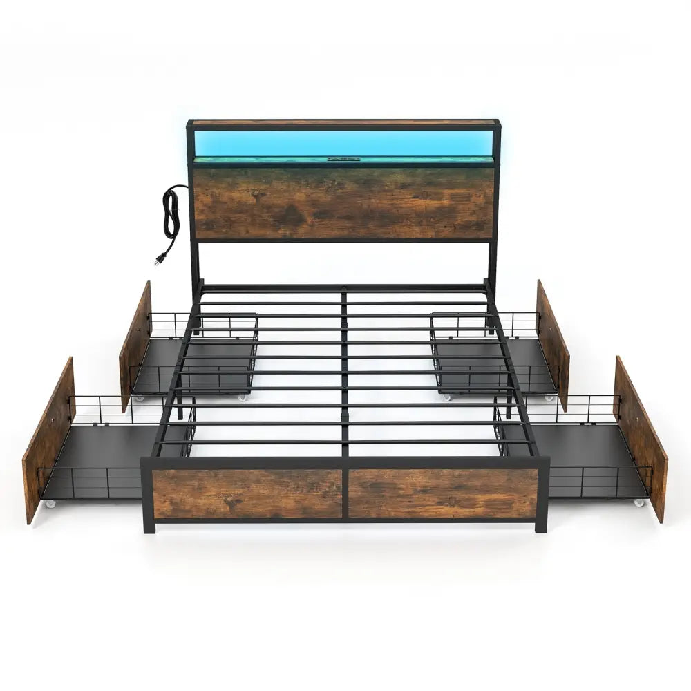 Full/Queen Size Bed Frame with Smart LED Lights and Storage Drawers-Full Size - Rustic Brown - Simple Bed Frame