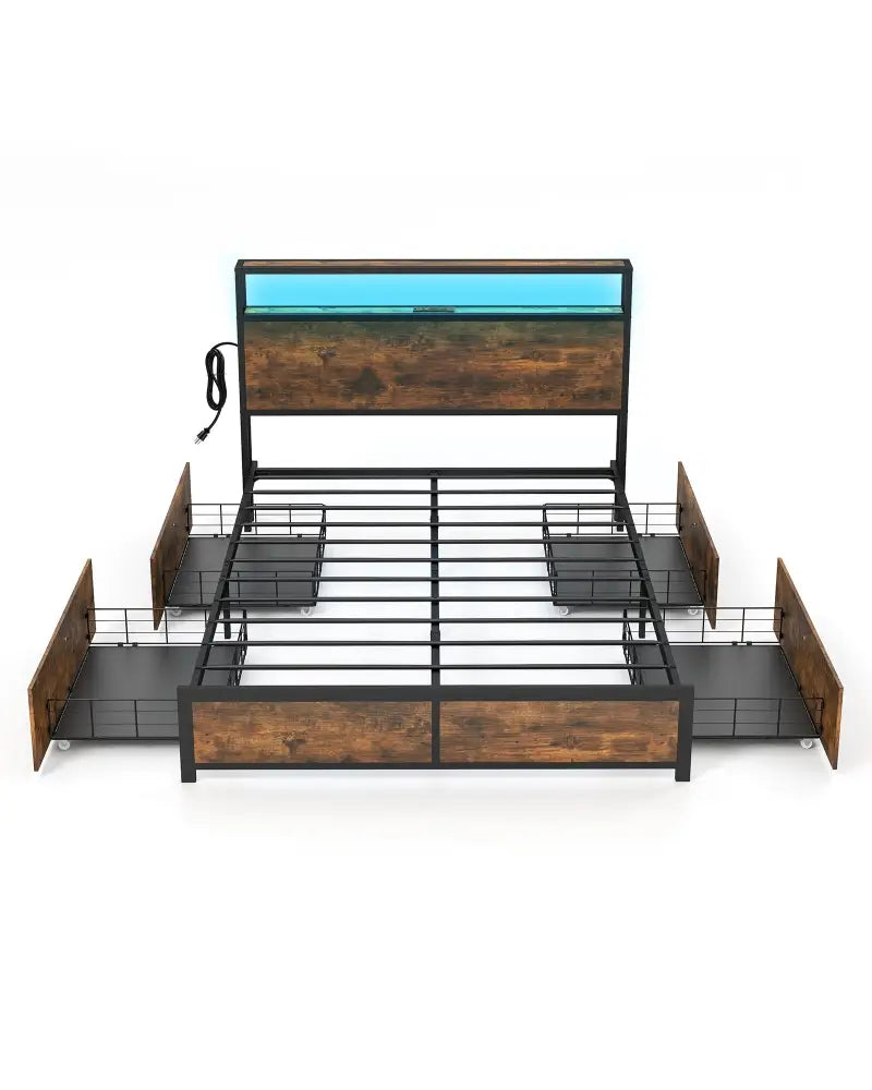 Full/Queen Size Bed Frame with Smart LED Lights and Storage Drawers-Full Size - Rustic Brown - Simple Bed Frame