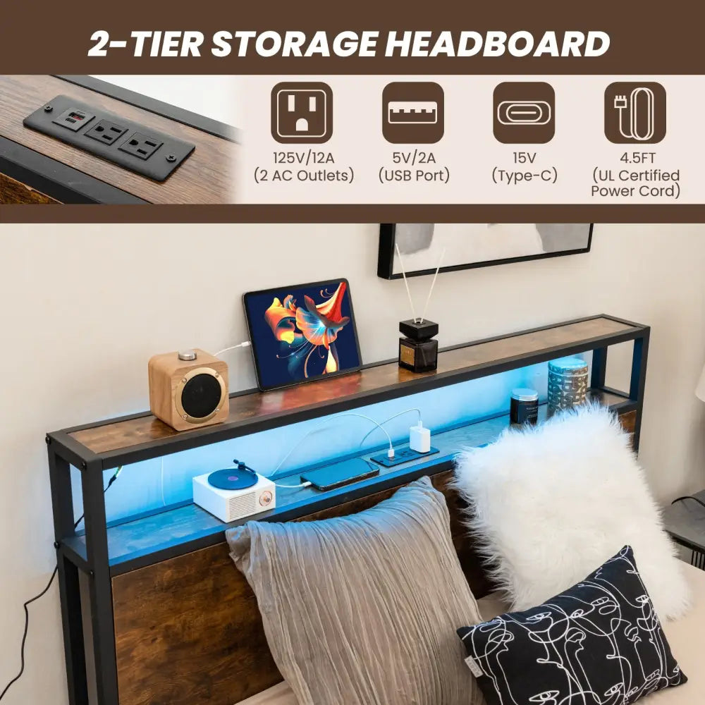 Full/Queen Size Bed Frame with Smart LED Lights and Storage Drawers-Full Size - Rustic Brown - Simple Bed Frame