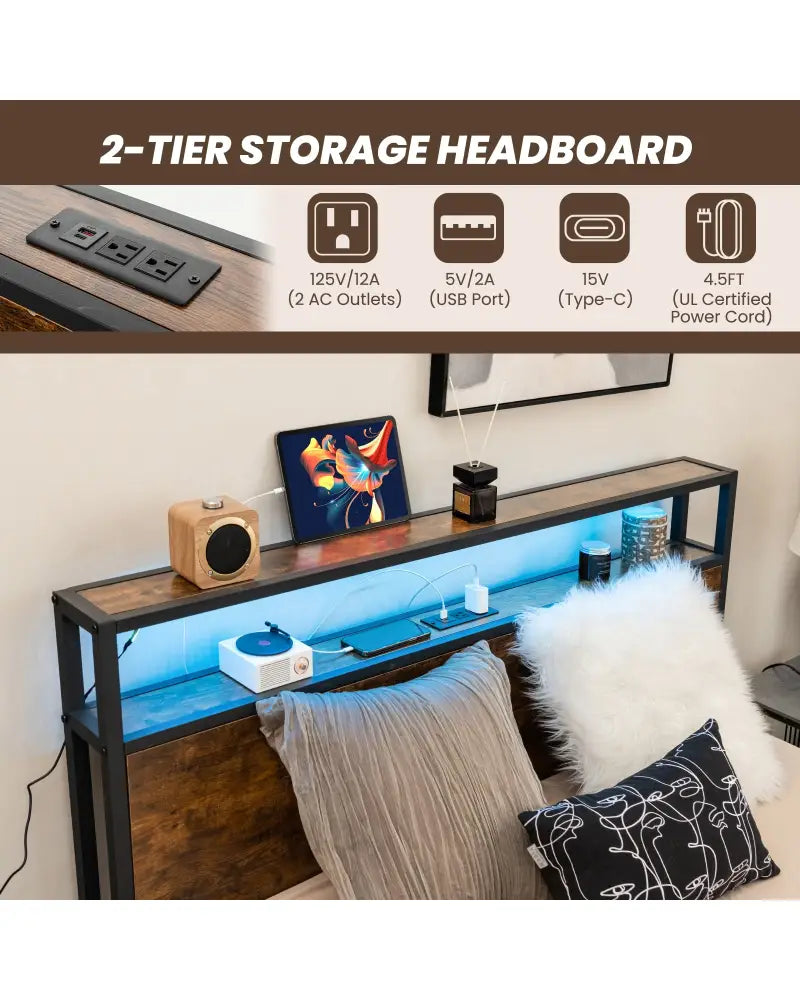 Full/Queen Size Bed Frame with Smart LED Lights and Storage Drawers-Full Size - Rustic Brown - Simple Bed Frame