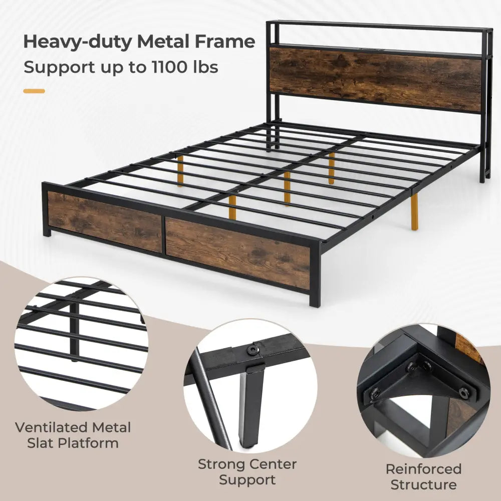 Full/Queen Size Bed Frame with Smart LED Lights and Storage Drawers-Queen Size - Rustic Brown - Simple Bed Frame
