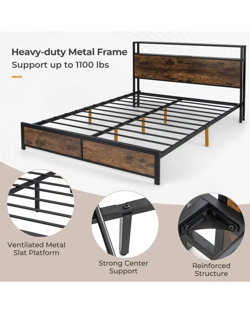Full/Queen Size Bed Frame with Smart LED Lights and Storage Drawers-Queen Size - Rustic Brown - Simple Bed Frame