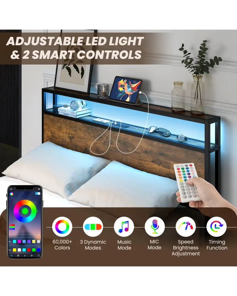 Full/Queen Size Bed Frame with Smart LED Lights and Storage Drawers-Full Size - Rustic Brown - Simple Bed Frame