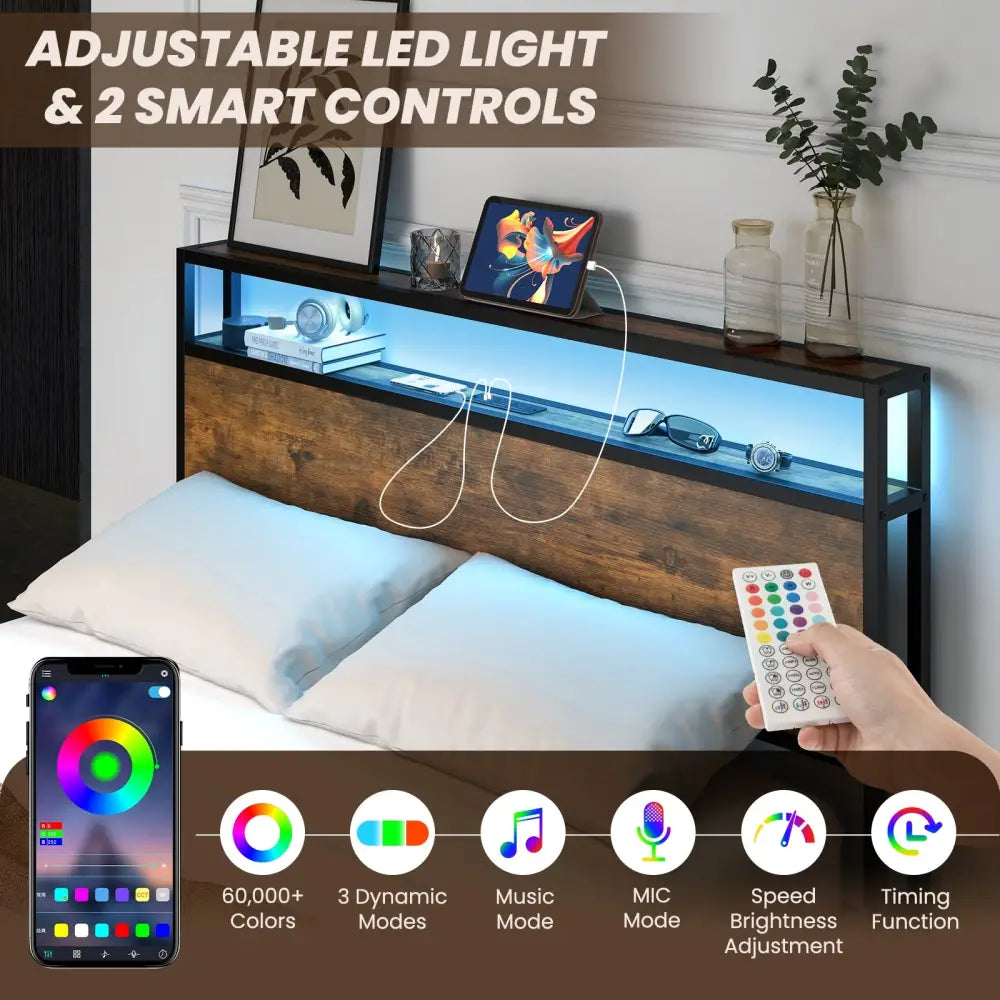 Full/Queen Size Bed Frame with Smart LED Lights and Storage Drawers-Full Size - Rustic Brown - Simple Bed Frame