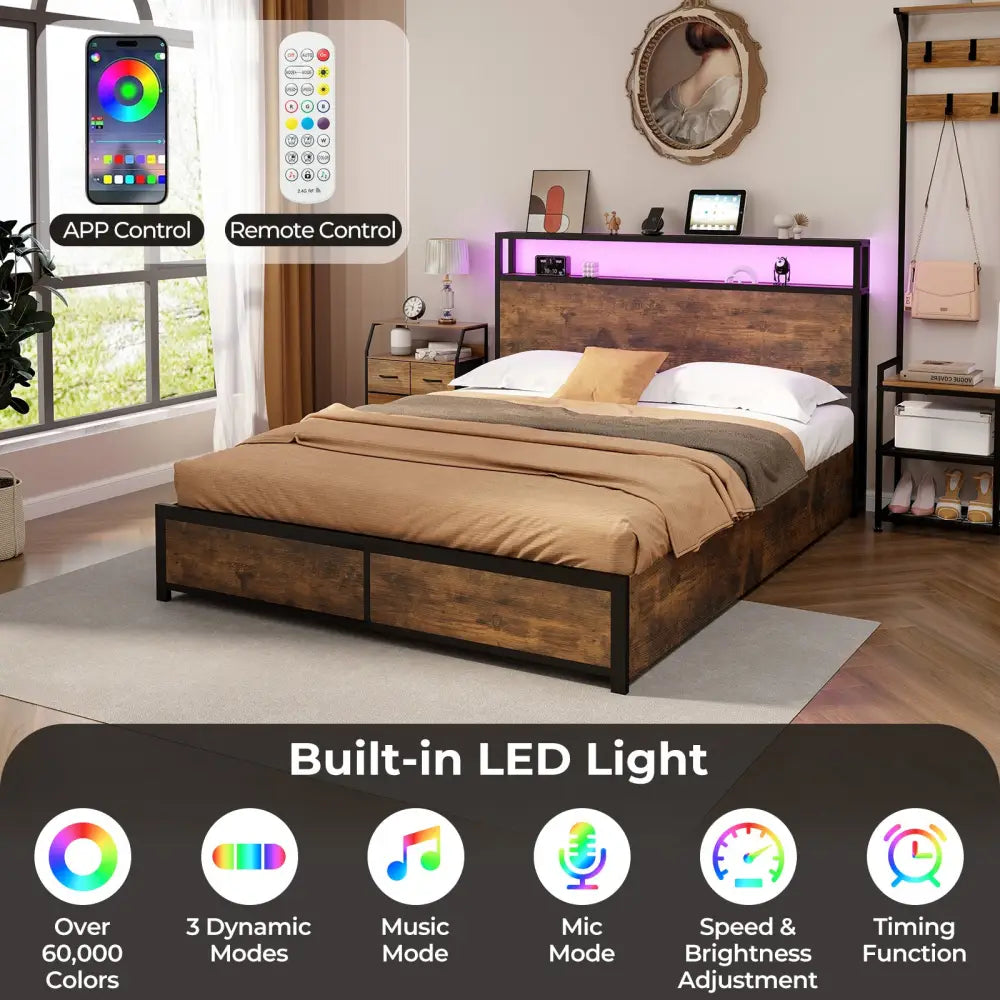 Full/Queen Size Bed Frame with Smart LED Lights and Storage Drawers-Queen Size - Rustic Brown - Simple Bed Frame