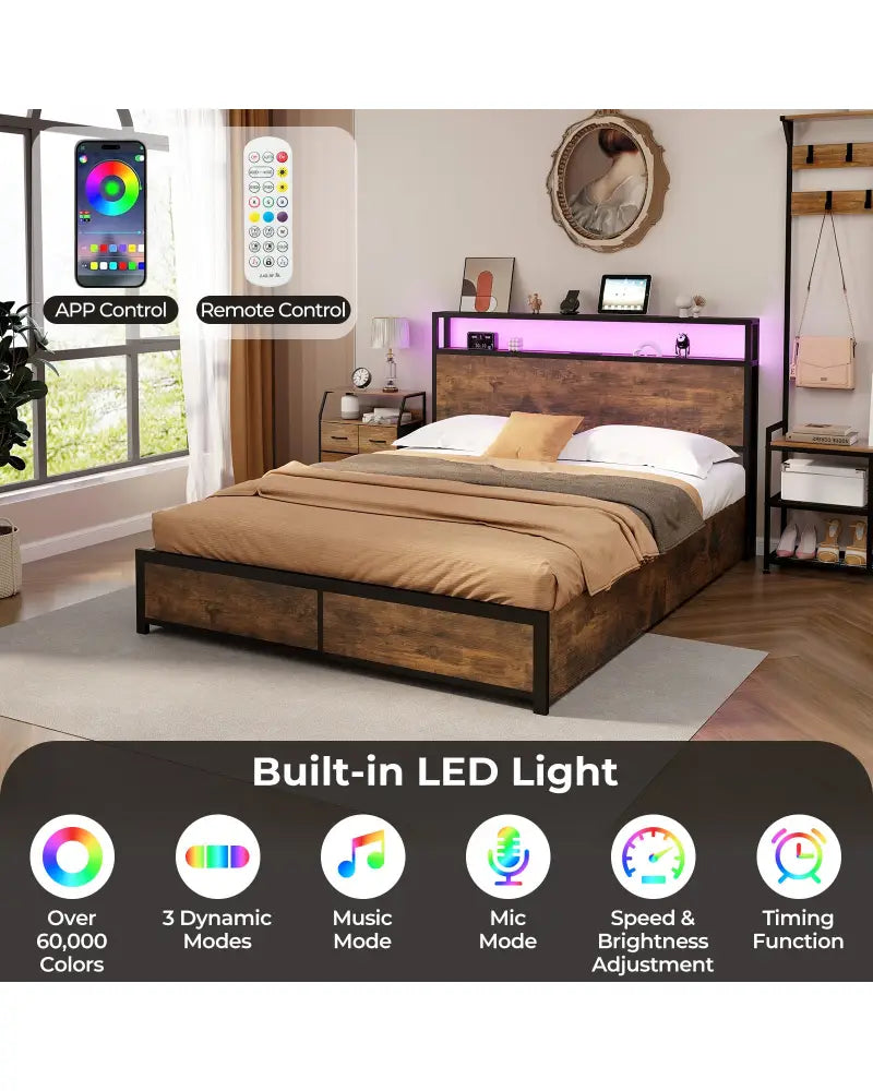 Full/Queen Size Bed Frame with Smart LED Lights and Storage Drawers-Queen Size - Rustic Brown - Simple Bed Frame