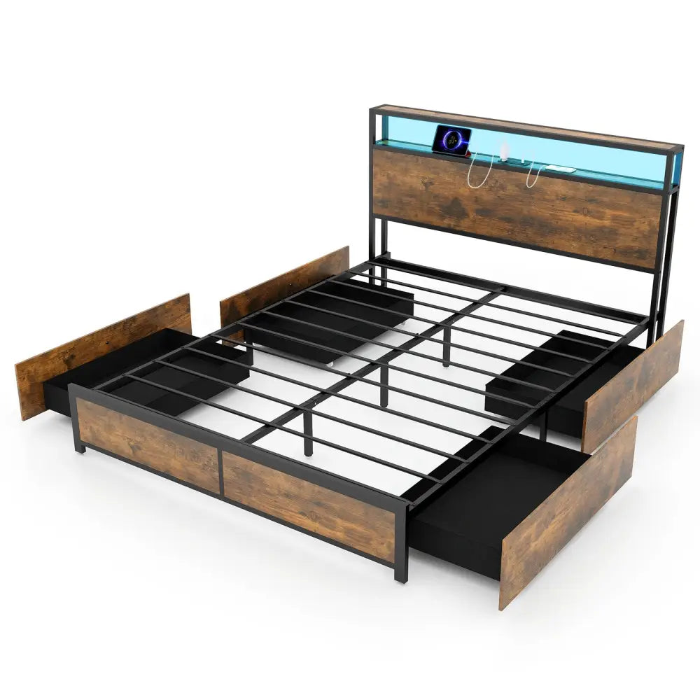 Full/Queen Size Bed Frame with Smart LED Lights and Storage Drawers-Queen Size - Rustic Brown - Simple Bed Frame