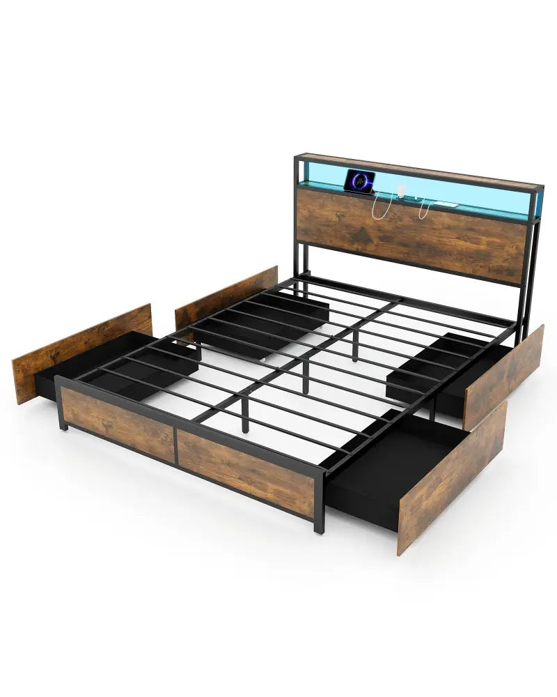 Full/Queen Size Bed Frame with Smart LED Lights and Storage Drawers-Queen Size - Rustic Brown - Simple Bed Frame