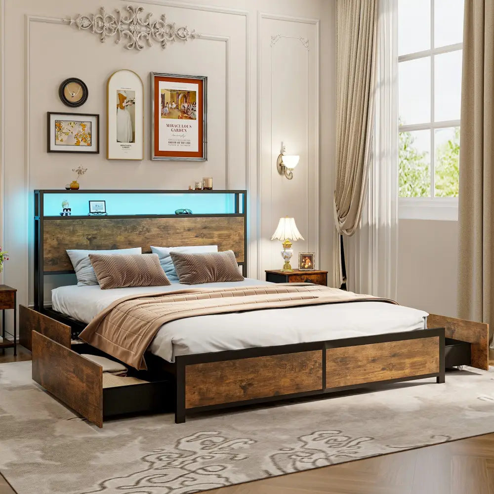 Full/Queen Size Bed Frame with Smart LED Lights and Storage Drawers-Queen Size - Rustic Brown - Simple Bed Frame