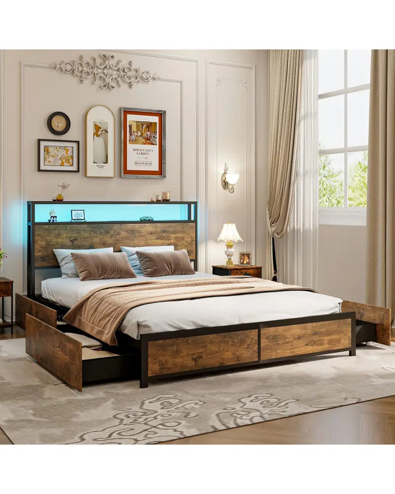 Full/Queen Size Bed Frame with Smart LED Lights and Storage Drawers-Queen Size - Rustic Brown - Simple Bed Frame