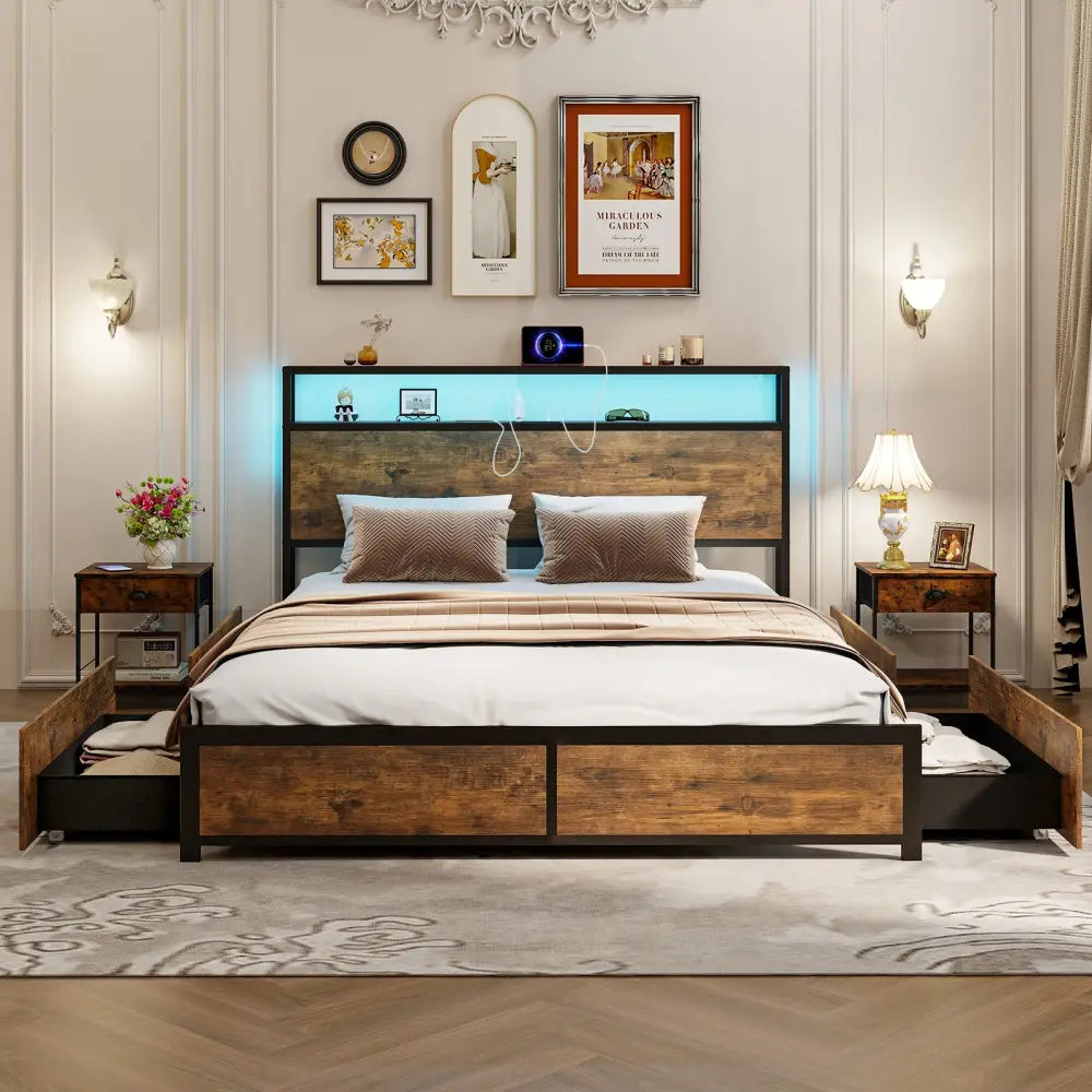 Full/Queen Size Bed Frame with Smart LED Lights and Storage Drawers-Queen Size - Rustic Brown - Simple Bed Frame