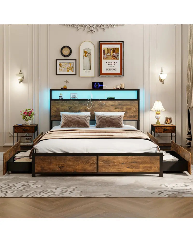 Full/Queen Size Bed Frame with Smart LED Lights and Storage Drawers-Queen Size - Rustic Brown - Simple Bed Frame