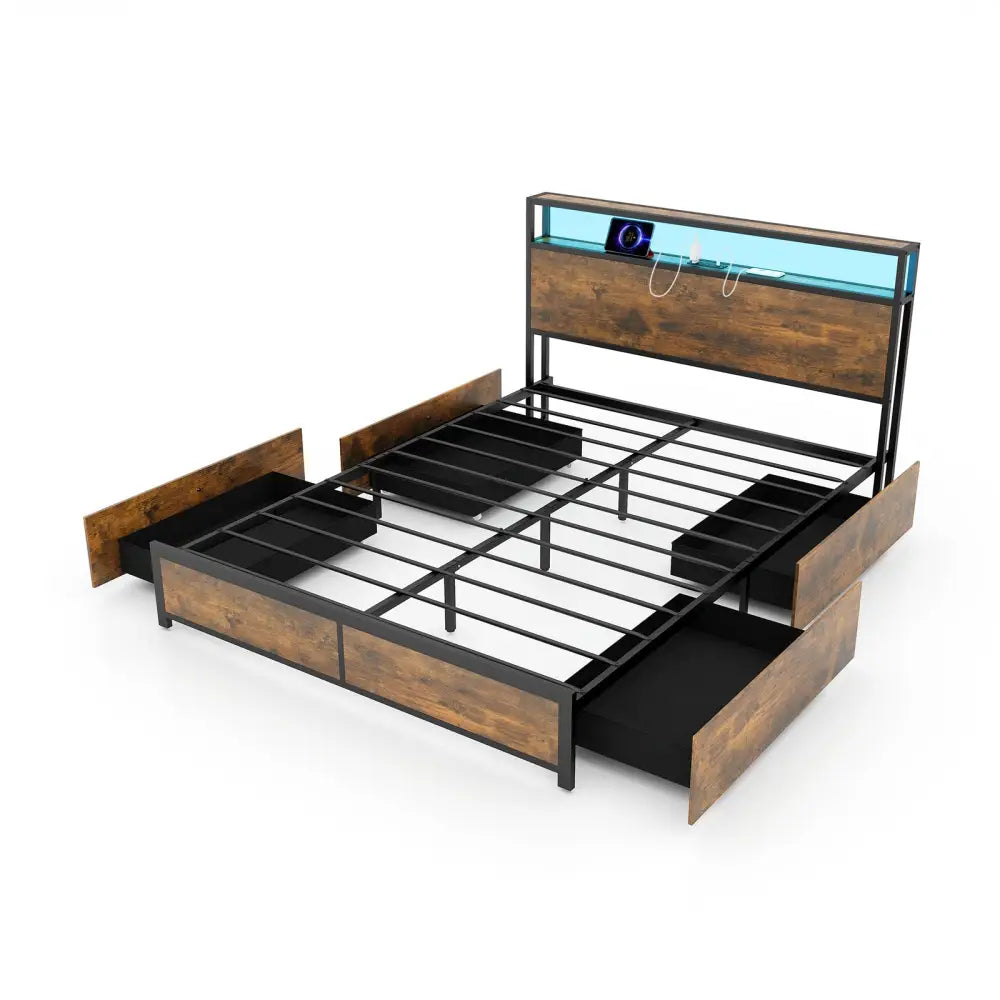 Full/Queen Size Bed Frame with Smart LED Lights and Storage Drawers-Queen Size - Rustic Brown - Simple Bed Frame