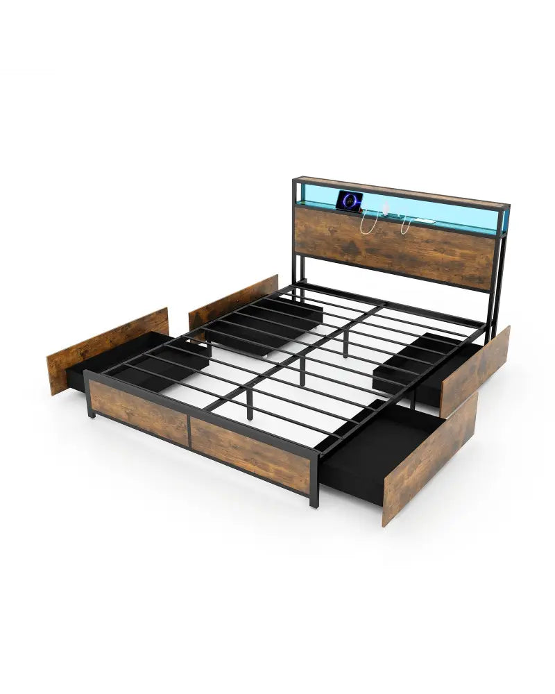 Full/Queen Size Bed Frame with Smart LED Lights and Storage Drawers-Queen Size - Rustic Brown - Simple Bed Frame