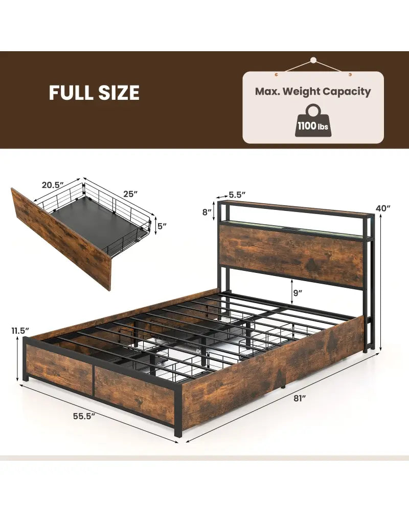 Full/Queen Size Bed Frame with Smart LED Lights and Storage Drawers-Full Size - Rustic Brown - Simple Bed Frame