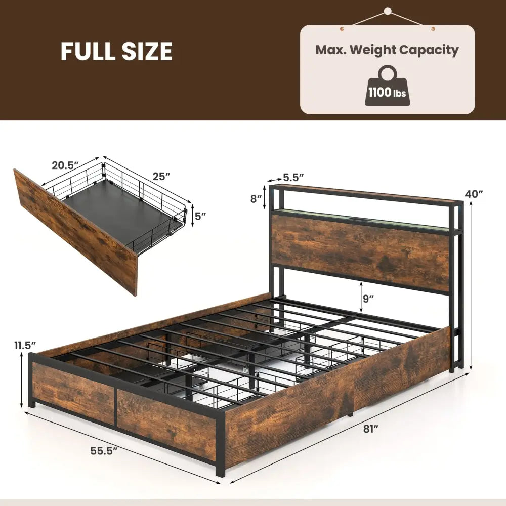 Full/Queen Size Bed Frame with Smart LED Lights and Storage Drawers-Full Size - Rustic Brown - Simple Bed Frame