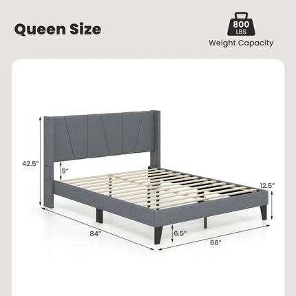Full/Queen Size Bed Frame with Wingback Headboard and Wood Slat Support-Queen Size - Gray - Simple Bed Frame