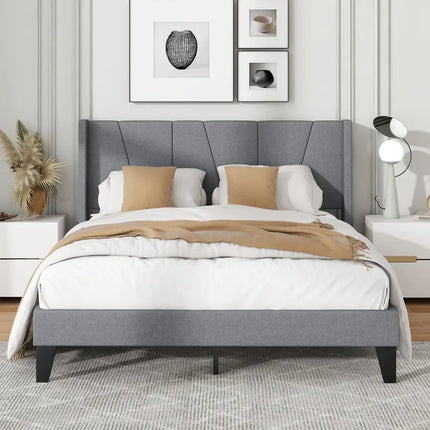 Full/Queen Size Bed Frame with Wingback Headboard and Wood Slat Support-Queen Size - Gray - Simple Bed Frame