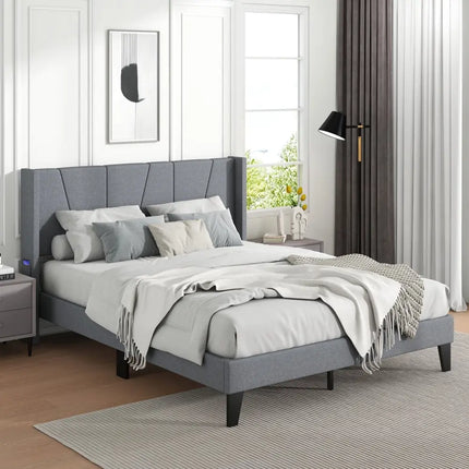 Full/Queen Size Bed Frame with Wingback Headboard and Wood Slat Support-Full Size - Gray - Simple Bed Frame