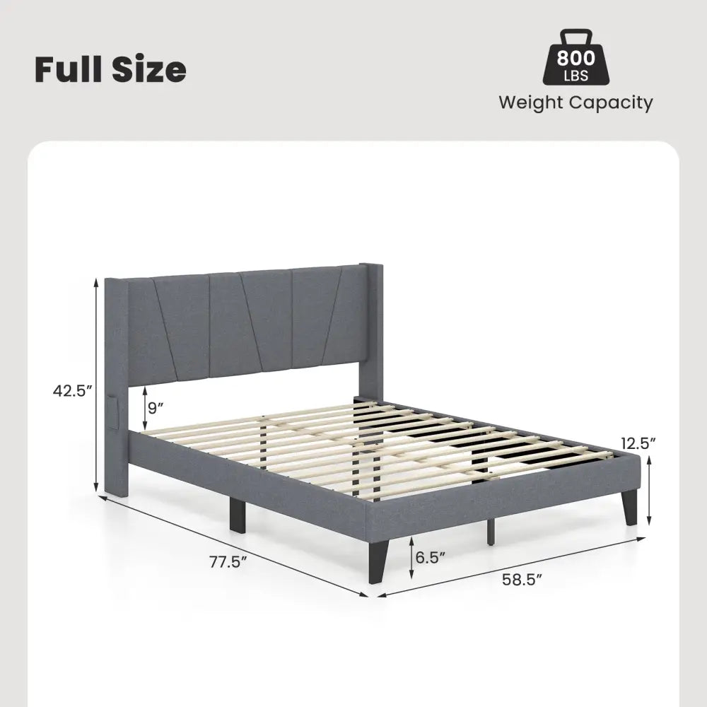 Full/Queen Size Bed Frame with Wingback Headboard and Wood Slat Support-Full Size - Gray - Simple Bed Frame