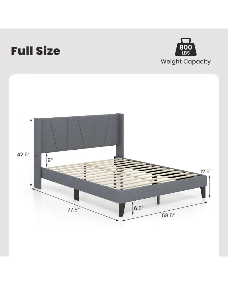 Full/Queen Size Bed Frame with Wingback Headboard and Wood Slat Support-Full Size - Gray - Simple Bed Frame