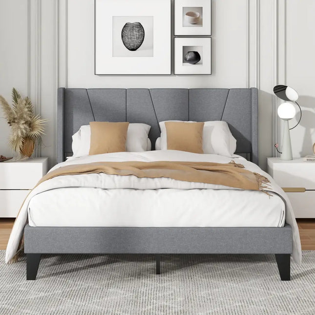 Full/Queen Size Bed Frame with Wingback Headboard and Wood Slat Support-Full Size - Gray - Simple Bed Frame