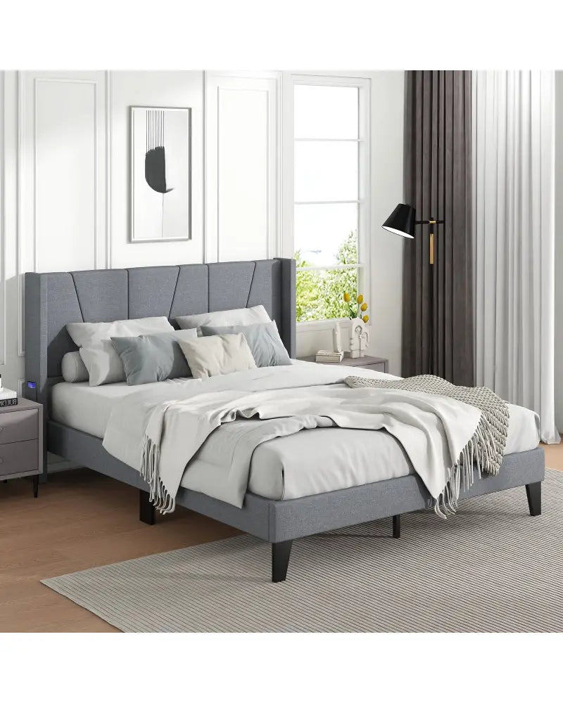Full/Queen Size Bed Frame with Wingback Headboard and Wood Slat Support-Full Size - Gray - Simple Bed Frame