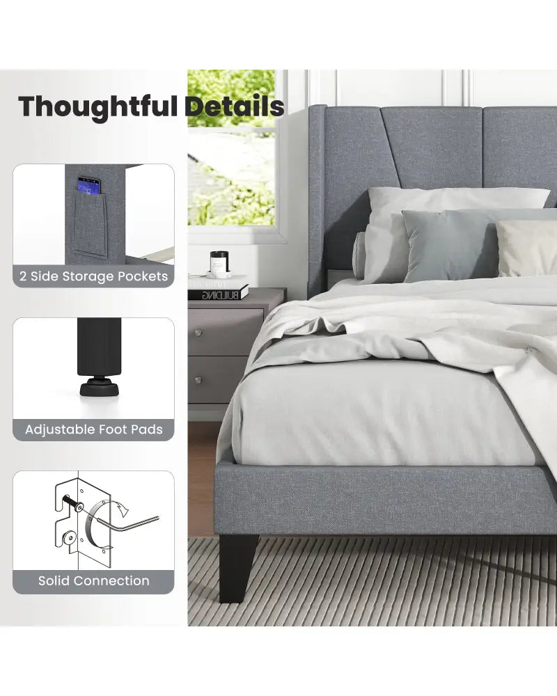 Full/Queen Size Bed Frame with Wingback Headboard and Wood Slat Support-Full Size - Gray - Simple Bed Frame