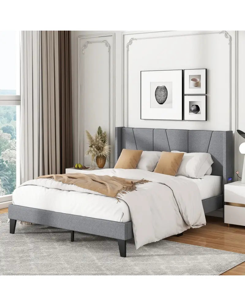 Full/Queen Size Bed Frame with Wingback Headboard and Wood Slat Support-Full Size - Gray - Simple Bed Frame