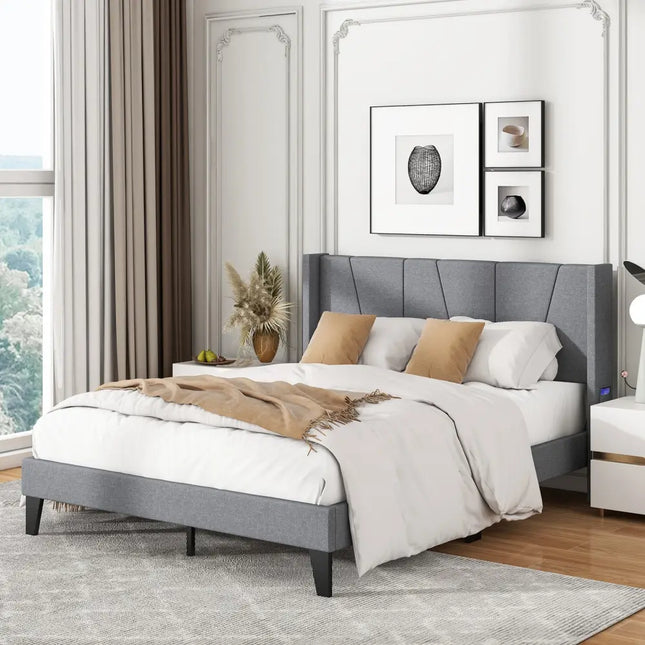 Full/Queen Size Bed Frame with Wingback Headboard and Wood Slat Support-Queen Size - Gray - Simple Bed Frame