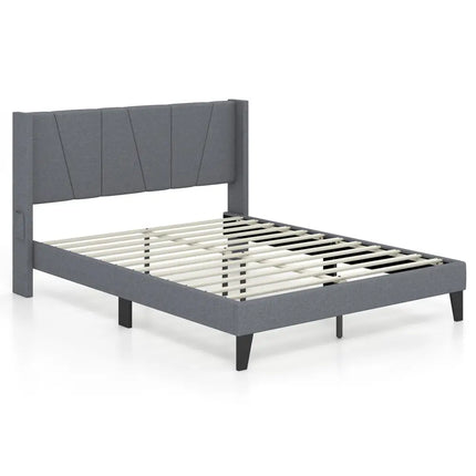 Full/Queen Size Bed Frame with Wingback Headboard and Wood Slat Support-Queen Size - Gray - Simple Bed Frame