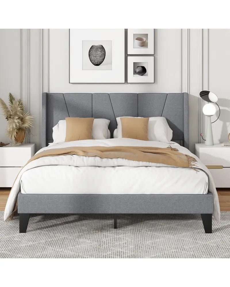 Full/Queen Size Bed Frame with Wingback Headboard and Wood Slat Support-Full Size - Gray - Simple Bed Frame