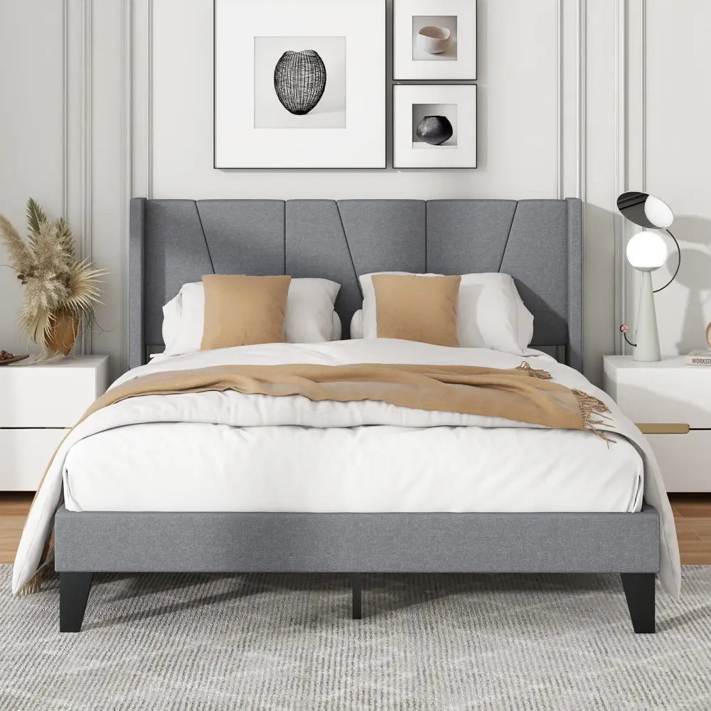 Full/Queen Size Bed Frame with Wingback Headboard and Wood Slat Support-Full Size - Gray - Simple Bed Frame