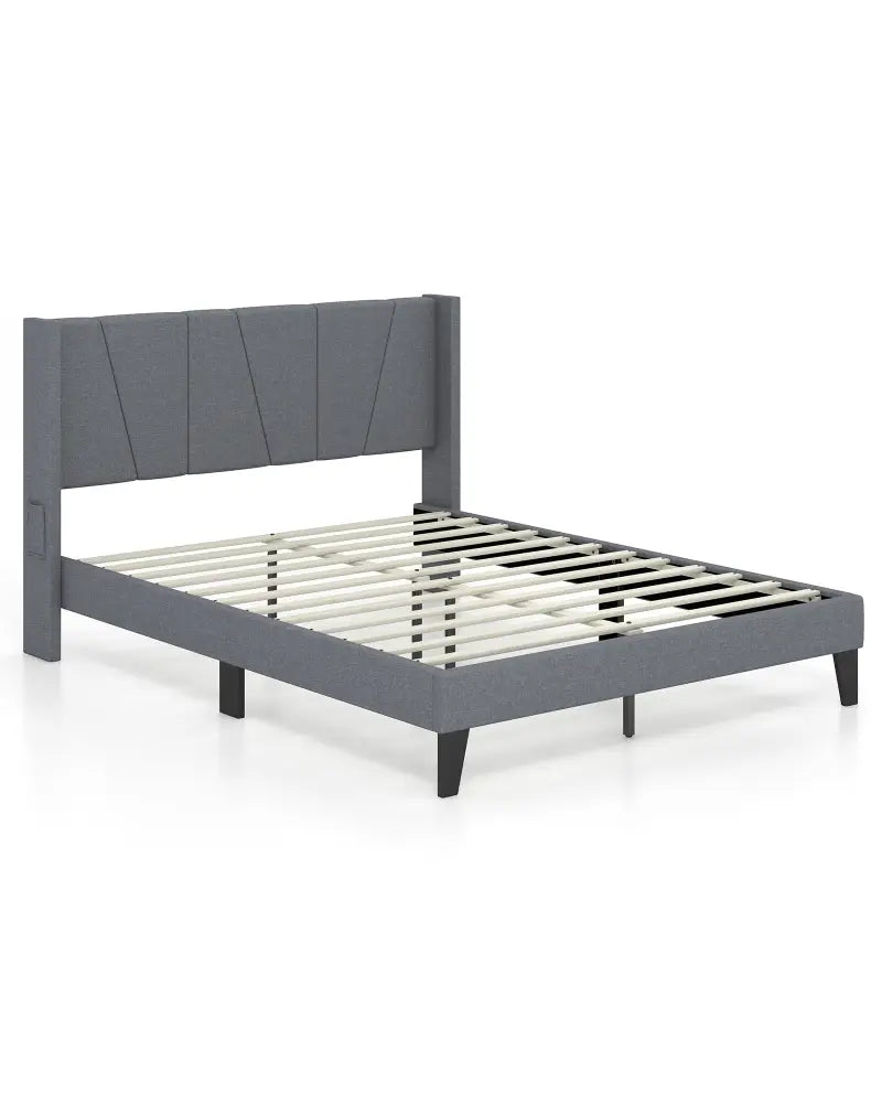 Full/Queen Size Bed Frame with Wingback Headboard and Wood Slat Support-Full Size - Gray - Simple Bed Frame
