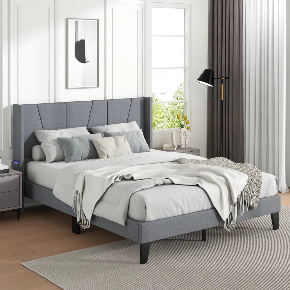 Full/Queen Size Bed Frame with Wingback Headboard and Wood Slat Support-Queen Size - Gray - Simple Bed Frame