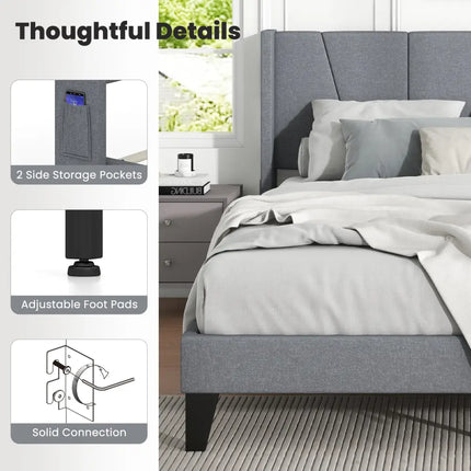 Full/Queen Size Bed Frame with Wingback Headboard and Wood Slat Support-Queen Size - Gray - Simple Bed Frame