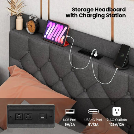 Full/Queen Size Floating Bed Frame with LED and Headboard and Charging Station-Queen Size - Gray - Simple Bed Frame