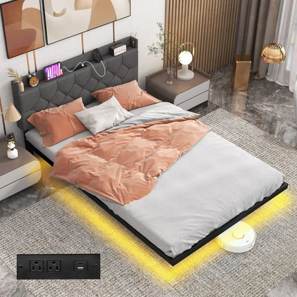 Full/Queen Size Floating Bed Frame with LED and Headboard and Charging Station-Full Size - Gray - Simple Bed Frame