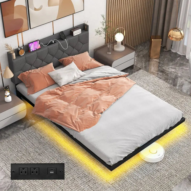 Full/Queen Size Floating Bed Frame with LED and Headboard and Charging Station-Full Size - Gray - Simple Bed Frame