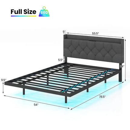 Full/Queen Size Floating Bed Frame with LED and Headboard and Charging Station-Full Size - Gray - Simple Bed Frame
